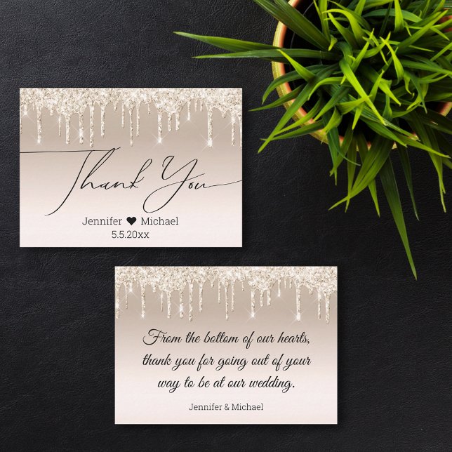 Tack, guld lyxdroppning glitter bröllop anteckningskort (Skapare uppladdad)