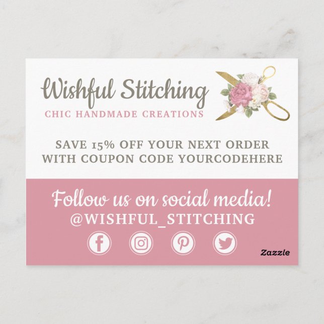 Tack Guld Sewing Scissors Shabby chic Blommigt Vykort (Baksida)