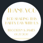 Tack Guld Underbara Gatsby Wedding Stickers Runt Klistermärke<br><div class="desc">Tack guld och vita Underbara Gatsby-bröllopsmärken med anpassade</div>