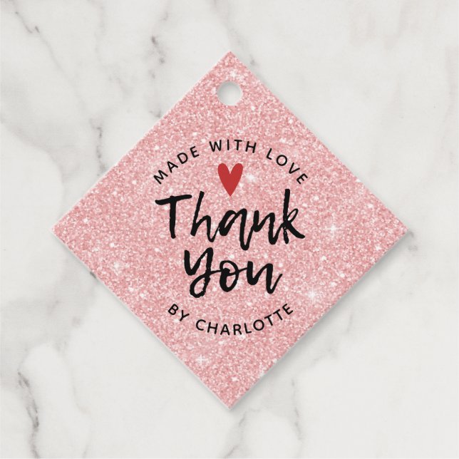 Tack handgjorda med Kärlek Rosa Glitter Gåvor Etiketter (Framsida)