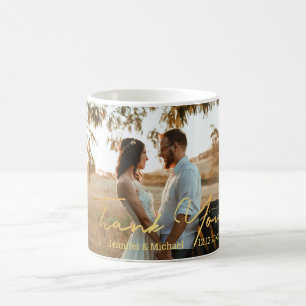 Tack, handskriftsfoto för snyggt guld bröllop kaffemugg