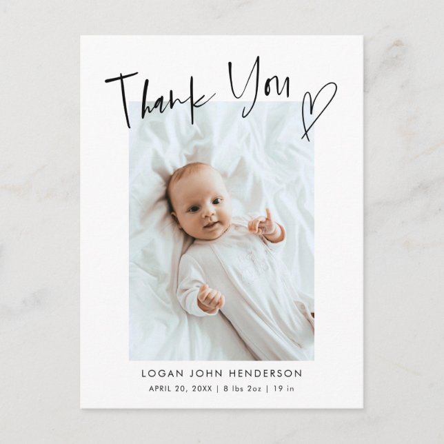 tack Heart Avslappnad Script Baby Photo Birth  Meddelande Vykort (Framsida)