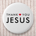 Tack Jesus | Modern Christian Faith Heart Knapp<br><div class="desc">Kristian "tack Jesus" citerar konsthantverk i en modern,  minimalistisk typografi i svart med ett sött rött hjärta. Det här trendiget är den moderna trosdesignen perfektens gåva eller tillbehör. #christian #religion #bible #jesus #bethelight</div>