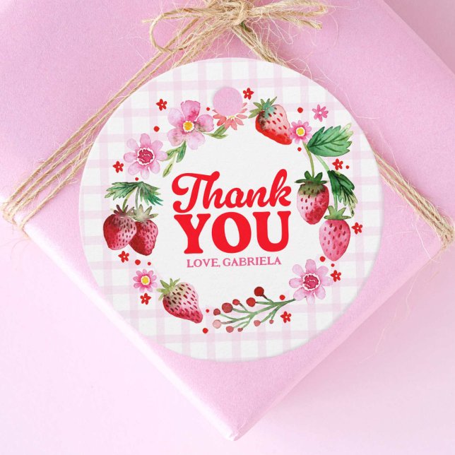 Tack jordgubbar 1:a födelsedag gåvor etiketter (Thank You Strawberry 1st Birthday Favor Tags)