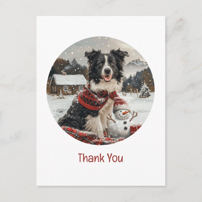 Tack Jul Border Collie Hund Snöman Vykort (Framsida)