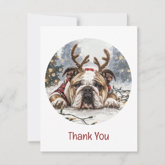 Tack jul English Bulldog Reindeer Kort (Framsida)