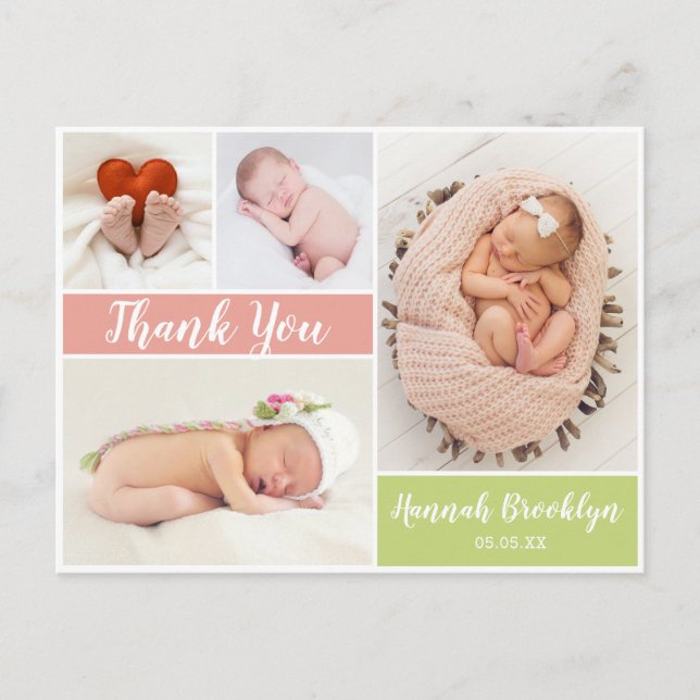 Tack Kalligrafi 4 Fotokollage Birth Meddelande Vykort (Framsida)