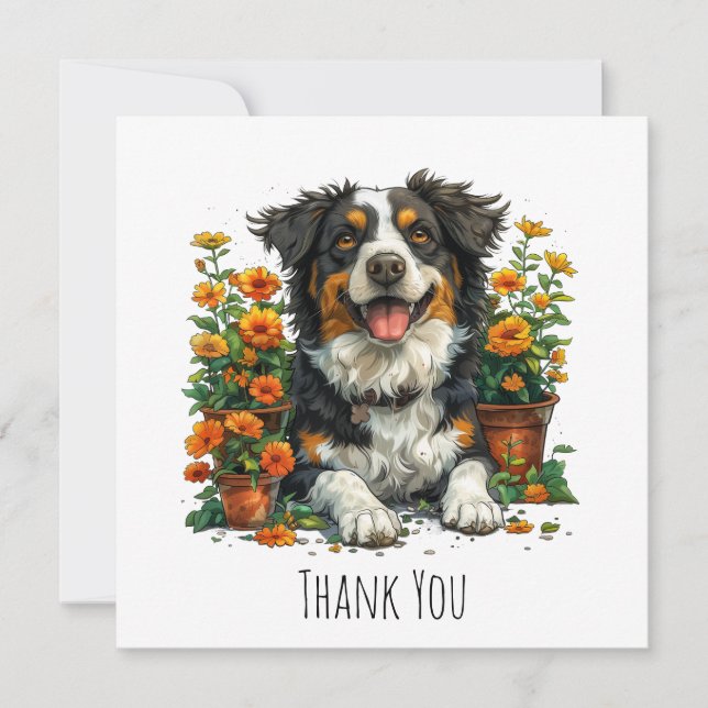 Tack-kollie i blommor tack kort (Framsida)