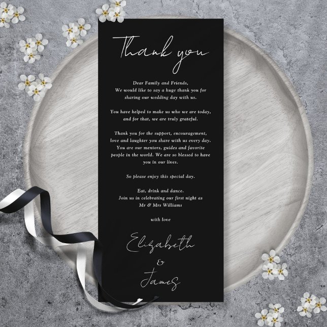 Tack-kort för svart och vitt Bröllop Meny (Black And White Wedding Thank You Place Card)