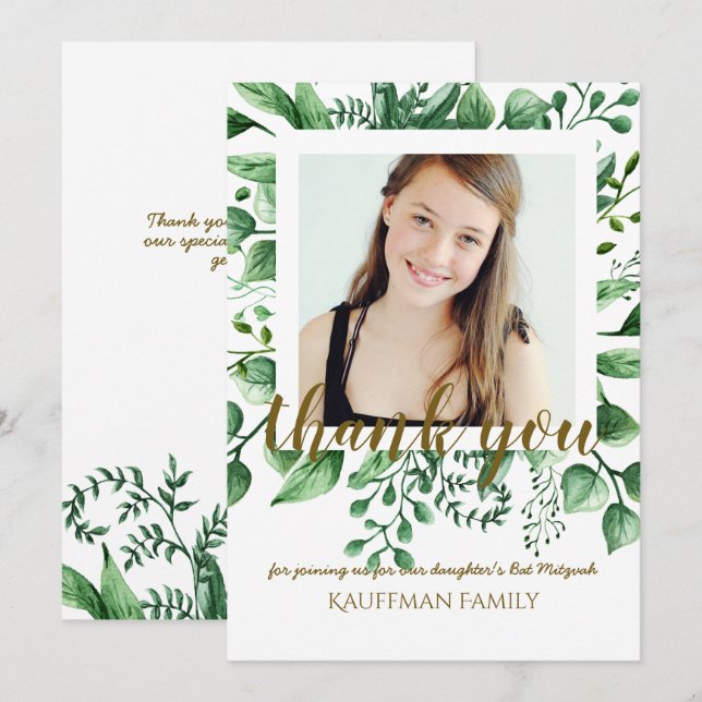 TACK KORT FOTO Bat Mitzvah - Svart Guld (Fram/baksida)