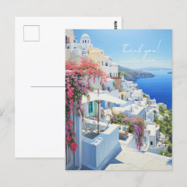 “Tack”-kort med vy över Santorini Vykort
