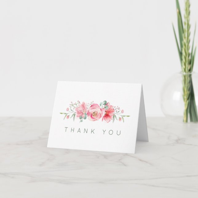 Tack kort. Rosa Blommigt Vattenfärganteckning Anteckningskort (Framsida)