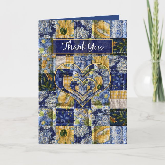 Tack, KVilt kvadrat, Gult blå, Blommigt Skriv ut Kort (Framsida)