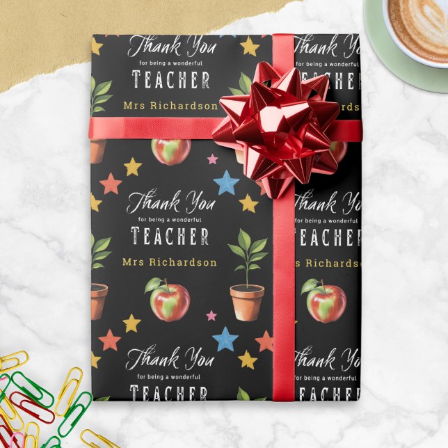 Tack Lärare Kritskriftsbräda Äpple Personlig Presentpapper (Personalized gift wrap with 'Thank you for being a wonderful teacher', apples, stars and plants)