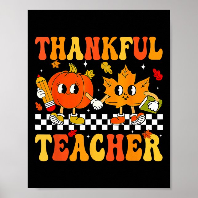 Tack, lärare Retro Groovy Thanksgiving Fall Wo Poster (Framsidan)