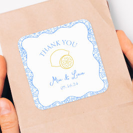 Tack Lemon Blue Tiles Personlig Bröllop Fyrkantigt Klistermärke