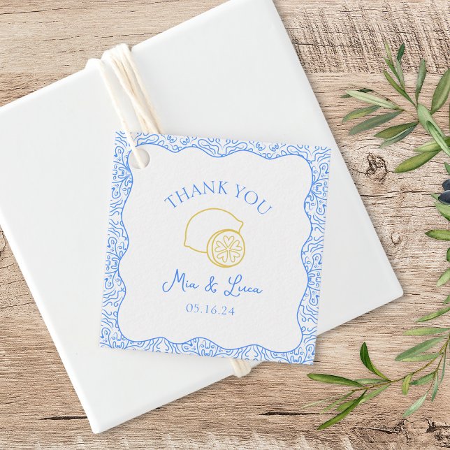Tack Lemon Blue Tiles Personlig Bröllop Gåvor Etiketter (Say thank you in style with these lemon-themed favor tags, perfect for your Mediterranean wedding.)
