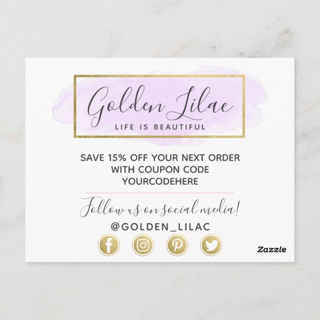 Tack Lila Watercolor & Modern Guld Geo Vykort (Baksida)