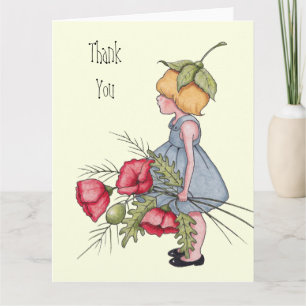 Tack, Little Girl with Poppy Flowers, Art Tack Kort