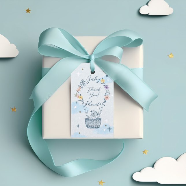 Tack Luftballong, Nalle blå Presentetikett (Thank You Hot Air Balloon Teddy Bear Blue Gift Tags)