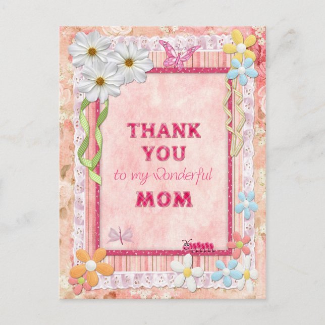 Tack mamma, blommor och fjärilskort vykort (Framsida)