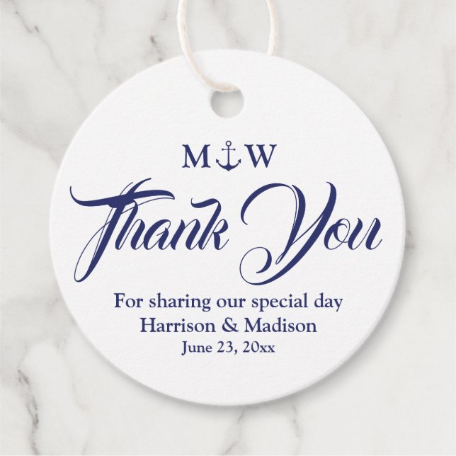 Tack marinblå marinankare bröllop gåvor etiketter (Framsida)
