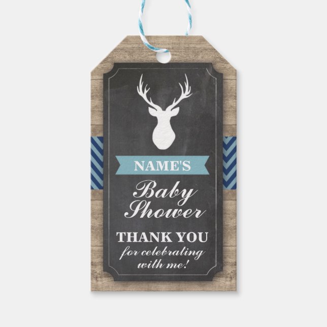 Tack Märkre Baby Shower Rustic Wood Blue Boy Presentetikett (Framsidan)