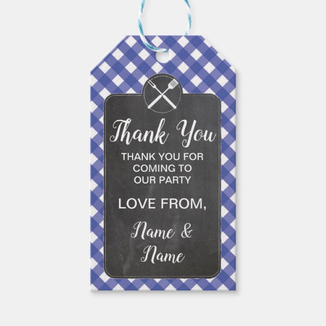 Tack Märkre Bröllop Blue Gingham BBQ Chalk Presentetikett (Framsidan)