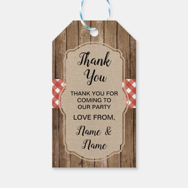 Tack Märkre Bröllop Red Gingham BBQ Burlap Presentetikett (Framsidan)