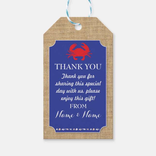 Tack Märkre Crab Boil Beach Blue Bröllop Presentetikett (Framsidan)