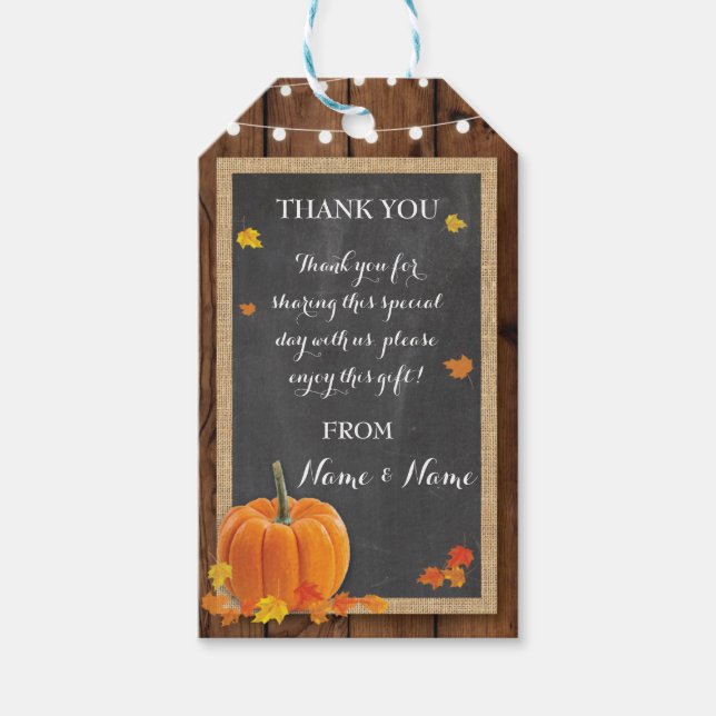 Tack Märkre Winter Wood Pumpkin Fall Wedding Presentetikett (Framsidan)