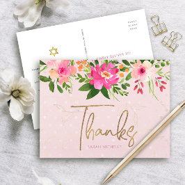 Tack med Bat mitzvah Blommigt i Guld rosa-skript,  Vykort