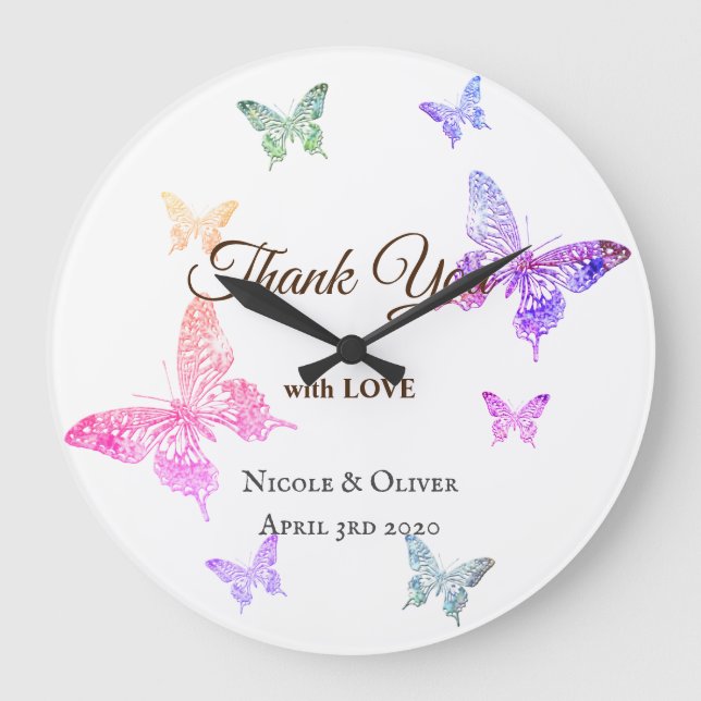Tack med Kärlek färgade fjärilar Stor Klocka (Framsida)