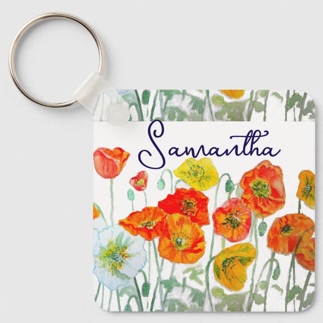 Tack med mönster av orange röda poppyblommor nyckelring (Framsida)