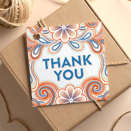 Tack med retro orange blommor och virvlar gåvor etiketter