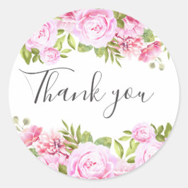 Tack med rosafärgad grönskande blomsterbukett runt klistermärke