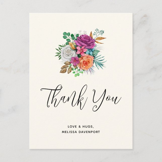 Tack med rosor i rosa, orange och vitt vykort (Framsida)