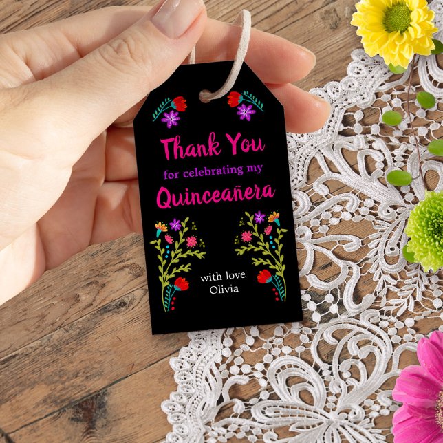 Tack mexikansk fiesta Blommigt Black Quinceanera Presentetikett (Quinceanera favor tags from my Mexican Fiesta Floral collection
)