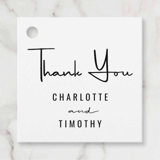 Tack minimum Script Black White Bröllop Gåvor Etiketter (Framsida)