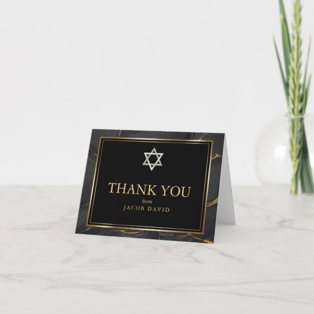 Tack| Modern Black Guld Marble Pub Mitzvah Inbjudan (Framsida)