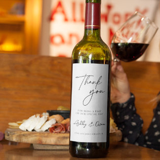 Tack Modern Black Script White Vinflaska Etikett