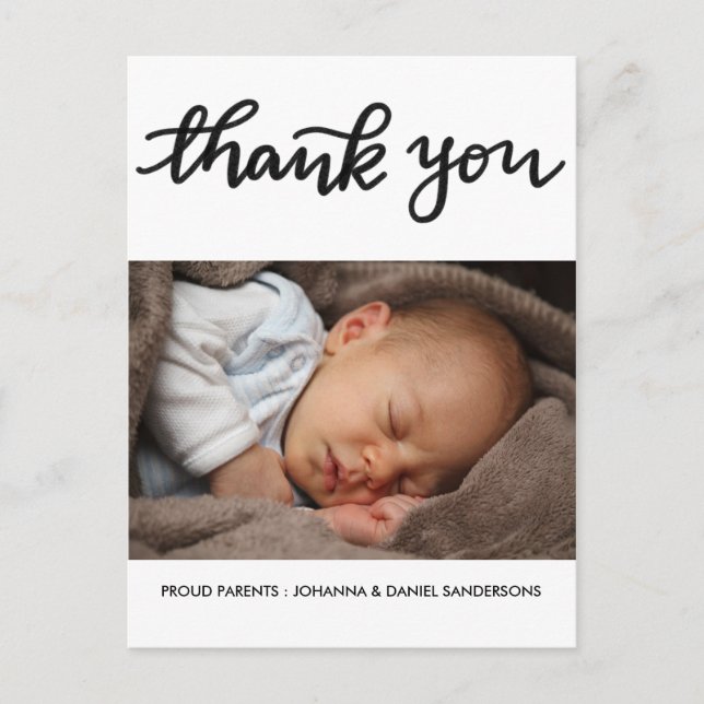 Tack Modern skriptfoto för födelsemeddelande Vykort (Framsida)