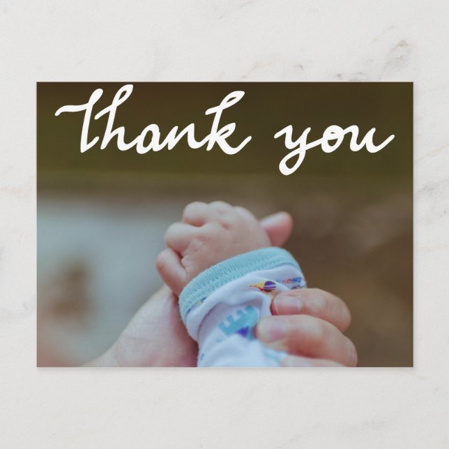 Tack Modern skriptfoto för födelsemeddelande Vykort (Framsida)