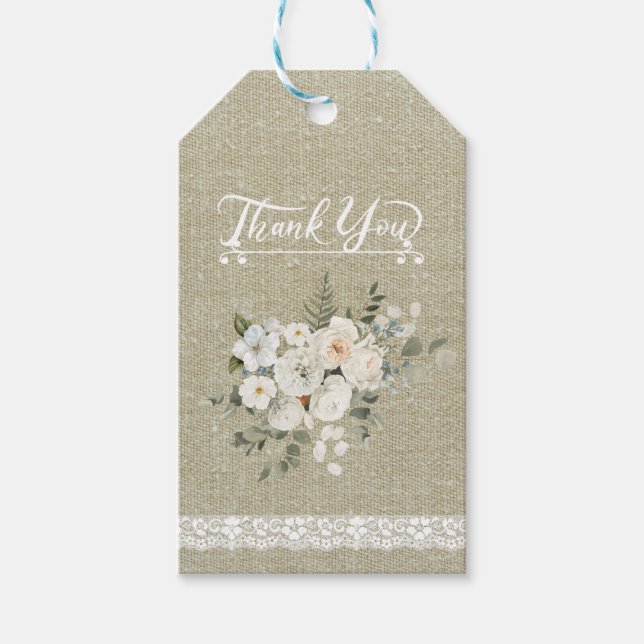 Tack modern struktur med spets vit blommig presentetikett (Framsidan)