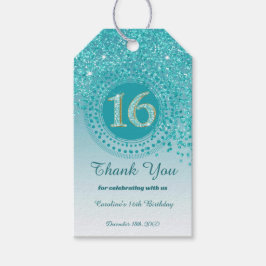 Tack, Modern Teal Glitter Sweet 16 Presentetikett