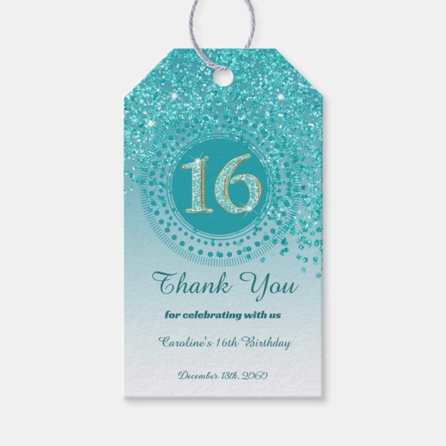Tack, Modern Teal Glitter Sweet 16 Presentetikett (Framsidan)