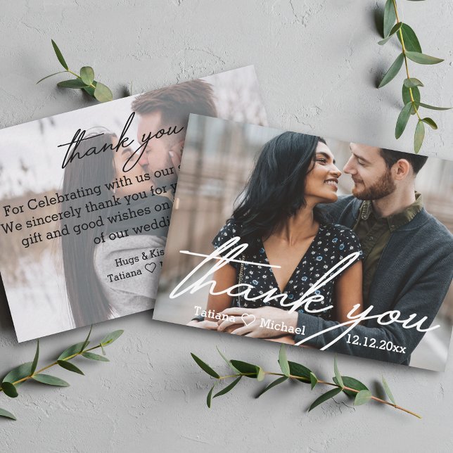 Tack,moderna handskriftsbilder chic bröllop 2-foto anteckningskort (Skapare uppladdad)