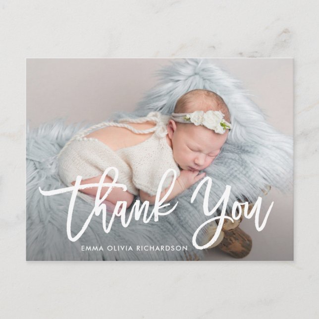 Tack | Modernt manus Foto Födelseannons Vykort (Framsida)