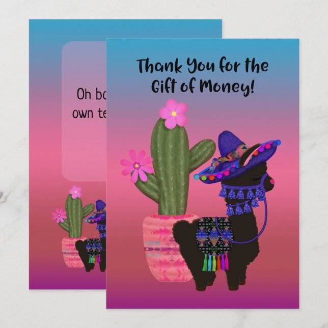 Tack Money Gift Llama med Sombrero (Fram/baksida)