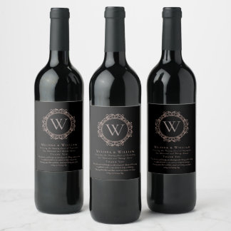 Tack Monogram Bröllop Black Copper Vinflaska Etikett